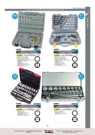 19
Industria
JUEGO LLAVES VASO
PROFESIONAL HEXAGONAL
02105592 1/2 “- 1/4” 94 Piezas. 1
código
21 Vasos de 1/4” ( 4 - 14 mm.)
18 Vasos de 1/2” (10 - 32 mm.)
33 Puntas de atornillar surtidas
2 Llaves de carraca de 1/4” y 1/2”
4 Alargaderas de de 1/4” y 1/2”(50 - 250 mm.).
2 Articulaciones universales
1 Portapuntas
2 Reductores
3 Adaptadores de 1/4” a 3/8”
2 Mangos corredizos de 1/4” a 3/8”
3 Llaves allen (1,5 - 2,5 mm.
1 Empuñadura de 1/4”
medida unid. env.
1/2“
1/4”
JUEGO LLAVES VASO
PROFESIONAL HEXAGONAL
02105590 1/2” 25 Piezas. 1
código
18 Vasos (10 - 32 mm.)
1 Llave de carraca
1 Llave de bujía de 21 mm.
2 Alargaderas de 125 - 250 mm.
1 Articulación universal
1 Adaptador para empuñadura a “T”
medida unid. env.
1/2“
Juegos de Llaves de Vaso y Herramientas Plus
JUEGO HERRAMIENTAS
CROMO VANADIO
02105594 1/2 “- 1/4” 91 Piezas. 1
código
10 Vasos de 1/4” (5 - 13 mm.)
13 Vasos de 1/2” (10 - 32 mm.)
20 Puntas de atornillar surtidas
2 Llaves de carraca de 1/4” y 1/2”
3 Alargaderas de 1/4” y 1/2”(50 - 250 mm.).
2 Artículo universales
1 Adaptador
1 Mango corredizo de 1/4”
9 Llaves allen (1,5 - 2,5 mm.
1 Empuñadura de 1/4”
13 Llaves combinadas (6-22 mm).
medida unid. env.
1/2“
1/4”
JUEGO LLAVES VASO
PROFESIONAL HEXAGONAL
02350055 3/4” 21 Piezas. 1
código
16 Vasos (19 - 50 mm.)
1 Llave de carraca 500 mm.
1 Mango corredizo
2 Alargaderas de 100 - 200 mm.
medida unid. env.
3/4“
94piezas
25piezas
91piezas
21piezas
 