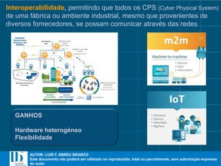 AUTOR: LUIS F. ABREU BRANCO
Este documento não poderá ser utilizado ou reproduzido, total ou parcialmente, sem autorização expressa
do autor
AUTOR: LUIS F. ABREU BRANCO
Este documento não poderá ser utilizado ou reproduzido, total ou parcialmente, sem autorização expressa
do autor
Interoperabilidade, permitindo que todos os CPS (Cyber Physical System)
de uma fábrica ou ambiente industrial, mesmo que provenientes de
diversos fornecedores, se possam comunicar através das redes
GANHOS
Hardware heterogéneo
Flexibilidade
 