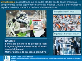 AUTOR: LUIS F. ABREU BRANCO
Este documento não poderá ser utilizado ou reproduzido, total ou parcialmente, sem autorização expressa
do autor
AUTOR: LUIS F. ABREU BRANCO
Este documento não poderá ser utilizado ou reproduzido, total ou parcialmente, sem autorização expressa
do autor
Virtualização, possibilitando que os dados obtidos dos CPS nos produtos e
equipamentos físicos sejam transmitidos aos modelos virtuais e em simulações
espelhando comportamentos reais num ambiente virtual
Interação Real com o Virtual
Digitalização do processo produtivo
GANHOS
Simulação dinâmica do processo fabril
Programação em sistema virtual antes
da aquisição real
Melhor análise do processo produtivo
 
