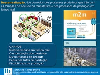 AUTOR: LUIS F. ABREU BRANCO
Este documento não poderá ser utilizado ou reproduzido, total ou parcialmente, sem autorização expressa
do autor
AUTOR: LUIS F. ABREU BRANCO
Este documento não poderá ser utilizado ou reproduzido, total ou parcialmente, sem autorização expressa
do autor
Descentralização, dos controlos dos processos produtivos que irão gerir
as tomadas de decisão na manufatura e nos processos de produção em
tempo real
RFID
GANHOS
Rastreabilidade em tempo real
Customização dos produtos
Diversificação do produto
Pequenos lotes de produção
Flexibilidade de produção
 