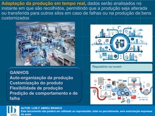 AUTOR: LUIS F. ABREU BRANCO
Este documento não poderá ser utilizado ou reproduzido, total ou parcialmente, sem autorização expressa
do autor
AUTOR: LUIS F. ABREU BRANCO
Este documento não poderá ser utilizado ou reproduzido, total ou parcialmente, sem autorização expressa
do autor
Adaptação da produção em tempo real, dados serão analisados no
instante em que são recolhidos, permitindo que a produção seja alterada
ou transferida para outros silos em caso de falhas ou na produção de bens
customizados
Repositório na nuvem
GANHOS
Auto-organização da produção
Customização do produto
Flexibilidade de produção
Predição de comportamento e de
falha
 