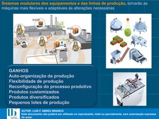 AUTOR: LUIS F. ABREU BRANCO
Este documento não poderá ser utilizado ou reproduzido, total ou parcialmente, sem autorização expressa
do autor
AUTOR: LUIS F. ABREU BRANCO
Este documento não poderá ser utilizado ou reproduzido, total ou parcialmente, sem autorização expressa
do autor
Sistemas modulares dos equipamentos e das linhas de produção, tornarão as
máquinas mais flexíveis e adaptáveis às alterações necessárias
GANHOS
Auto-organização da produção
Flexibilidade de produção
Reconfiguração do processo produtivo
Produtos customizados
Produtos diversificados
Pequenos lotes de produção
 