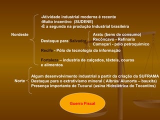 Nordeste   -Atividade industrial moderna é recente -Muito incentivo  (SUDENE) -É a segunda na produção Industrial brasileira Destaque para  Salvador Recife  - Pólo de tecnologia da informação Fortaleza  – industria de calçados, têxteis, couros e alimentos Aratu (bens de consumo) Recôncavo - Refinaria Camaçari - pólo petroquímico Norte Algum desenvolvimento industrial a partir da criação da SUFRAMA Destaque para o extrativismo mineral ( Albrás/ Alunorte – bauxita) Presença importante de Tucuruí (usina Hidrelétrica do Tocantins) Guerra Fiscal 