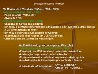 Evolução Industrial no Brasil Na Monarquia e República Velha – (1500 – 1929) Fase da proibição ( 1500 – 1808 ) Pacto colonial ( Velho DIT); Alvará de 1785. Fase da Implantação (1808 – 1929) Chegada da Família real em1808; Em 1810, o contrato comercial com a Inglaterra e em 1828 com outros países; A Lei Alves Branco de 1844; Em 1850 é assinada a Lei Eusébio de Queiros; Substituição das importações (1ª Guerra Mundial); Crise na Bolsa de Valores de Nova Iorque. Na República do governo Vargas (1930 – 1945) Fase da Revolução Industrial ( 1930 – 1954) -Revolução de 1930 (mudança de Modelo econômico) -Aceleração do processo de urbanização -Crescimento maior da industria que a atividade agrária -A substituição de importações por conta da II Guerra - a criação da infra-estrutura  CVRD, BNDE,CSN CHESF, PETROBRÁS... 