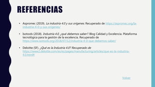REFERENCIAS
Volver
• Aspromec (2019). La industria 4.0 y sus orígenes. Recuperado de https://aspromec.org/la-
industria-4-0-y-sus-origenes/
• Isotools (2018). Industria 4.0, ¿qué debemos saber?. Blog Calidad y Excelencia. Plataforma
tecnológica para la gestión de la excelencia. Recuperado de
https://www.isotools.org/2018/07/12/industria-4-0-que-debemos-saber/
• Deloitte (SF). ¿Qué es la Industria 4.0? Recuperado de
https://www2.deloitte.com/es/es/pages/manufacturing/articles/que-es-la-industria-
4.0.html#
 
