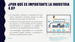 ¿POR QUÉ ES IMPORTANTE LA INDUSTRIA
4.0?
• Es importante entender el potencial de esta
cuarta revolución industrial porque no solo
afectará a los procesos de fabricación.
• La industria 4.0 puede mejorar las operaciones
de negocio y el crecimiento de los ingresos,
transformando los productos, la cadena de
suministro y las expectativas de los clientes.
• las tecnologías relacionadas con la Industria
4.0 también pueden conducir a productos y
servicios completamente nuevos.
Fuente: https://www.infoplc.net/actualidad-
industrial/item/103755-aumentan-
presupuestos-industria40
Volver
 