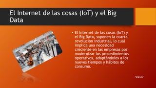 El Internet de las cosas (IoT) y el Big
Data
• El Internet de las cosas (IoT) y
el Big Data, suponen la cuarta
revolución industrial, lo cuál
implica una necesidad
creciente en las empresas por
modernizar los procedimientos
operativos, adaptándolos a los
nuevos tiempos y hábitos de
consumo.
Volver
 