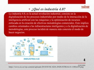La industria 4.0, es la actual revolución industrial, consiste en la
digitalización de los procesos industriales por medio de la interacción de la
inteligencia artificial con las máquinas y la optimización de recursos
enfocada en la creación de efectivas metodologías comerciales. Esto implica
cambios orientados a las infraestructuras inteligentes y a la digitalización de
metodologías, este proceso incidirá de manera más concreta el modo de
hacer negocios.
https://www.cic.es/wp-content/uploads/2018/05/SCADA-INDUSTRIA4.0-1100x639.png
• ¿Qué es industria 4.0?
4
21/03/2020
 
