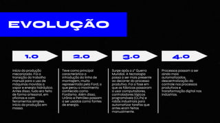 EVOLUÇÃO
1.0 2.0 3.0 4.0
Início da produção
mecanizada. Foi a
transição do trabalho
manual para o uso de
máquinas movidas a
vapor e energia hidráulica.
Antes disso, tudo era feito
de forma artesanal, em
oficinas e com
ferramentas simples.
Início da produção em
massa.
Teve como principal
característica a
introdução da linha de
montagem, muito
representada pela Ford, o
que gerou o movimento
conhecido como
Fordismo. Além disso,
Urânio e Petróleo passam
a ser usados como fontes
de energia.
Surge após a 2° Guerra
Mundial. A tecnologia
passa a ser mais presente
ao decorrer do processo
produtivo. Foi a fase em
que as fábricas passaram
a usar computadores,
controladores lógicos
programáveis (CLPs) e
robôs industriais para
automatizar tarefas que
antes eram feitas
manualmente.
Processos passam a ser
ainda mais
automatizados,
descentralização do
controle nos processos
produtivos e
transformação digital nas
indústrias.
 