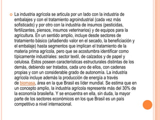    La industria agrícola se articula por un lado con la industria de
    embalajes y con el tratamiento agroindustrial (cada vez más
    sofisticado) y por otro con la industria de insumos (pesticidas,
    fertilizantes, piensos, insumos veterinarios) y de equipos para la
    agricultura. En un sentido amplio, incluye desde sectores de
    tratamiento básico (añadiendo valor en el secado, la beneficiación y
    el embalaje) hasta segmentos que implican el tratamiento de la
    materia prima agrícola, pero que se acostumbra identificar como
    típicamente industriales: sector textil, de calzados y de papel y
    celulosa. Éstos poseen características estructurales distintas de los
    demás, debiendo ser tratados, cada uno de ellos, con cadenas
    propias y con un considerable grado de autonomía. La industria
    agrícola incluye además la producción de energía a través
    de biomasa, área en la que Brasil es líder mundial. Se estima que en
    un concepto amplio, la industria agrícola represente más del 30% de
    la economía brasileña. Y se encuentra en ella, sin duda, la mayor
    parte de los sectores económicos en los que Brasil es un país
    competitivo a nivel internacional.
 