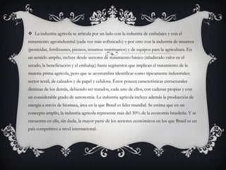  La industria agrícola se articula por un lado con la industria de embalajes y con el
tratamiento agroindustrial (cada vez más sofisticado) y por otro con la industria de insumos
(pesticidas, fertilizantes, piensos, insumos veterinarios) y de equipos para la agricultura. En
un sentido amplio, incluye desde sectores de tratamiento básico (añadiendo valor en el
secado, la beneficiación y el embalaje) hasta segmentos que implican el tratamiento de la
materia prima agrícola, pero que se acostumbra identificar como típicamente industriales:
sector textil, de calzados y de papel y celulosa. Éstos poseen características estructurales
distintas de los demás, debiendo ser tratados, cada uno de ellos, con cadenas propias y con
un considerable grado de autonomía. La industria agrícola incluye además la producción de
energía a través de biomasa, área en la que Brasil es líder mundial. Se estima que en un
concepto amplio, la industria agrícola represente más del 30% de la economía brasileña. Y se
encuentra en ella, sin duda, la mayor parte de los sectores económicos en los que Brasil es un
país competitivo a nivel internacional.
 