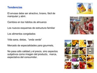 Tendencias
El envase debe ser atractivo, liviano, fácil de
manipular y abrir.
Cambios en los hábitos de almuerzo
Los nuevos esquemas de estructura familiar
Los alimentos congelados
Vida sana, dietas, “onda verde”
Mercado de especialidades para gourmets,
No pasa sólo calidad y el precio, sino aspectos
subjetivos como imagen del producto, marca,
expectativa del consumidor.
 