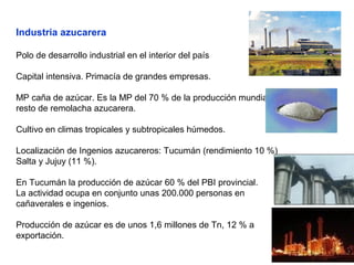 Industria azucarera
Polo de desarrollo industrial en el interior del país
Capital intensiva. Primacía de grandes empresas.
MP caña de azúcar. Es la MP del 70 % de la producción mundial,
resto de remolacha azucarera.
Cultivo en climas tropicales y subtropicales húmedos.
Localización de Ingenios azucareros: Tucumán (rendimiento 10 %)
Salta y Jujuy (11 %).
En Tucumán la producción de azúcar 60 % del PBI provincial.
La actividad ocupa en conjunto unas 200.000 personas en
cañaverales e ingenios.
Producción de azúcar es de unos 1,6 millones de Tn, 12 % a
exportación.
 