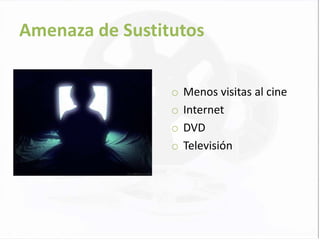 Amenaza de Sustitutos


                 o   Menos visitas al cine
                 o   Internet
                 o   DVD
                 o   Televisión
 