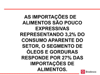 AS IMPORTAÇÕES DE
 ALIMENTOS SÃO POUCO
      EXPRESSIVAS
REPRESENTANDO 3,2% DO
CONSUMO APARENTE DO
 SETOR, O SEGMENTO DE
   ÓLEOS E GORDURAS
RESPONDE POR 27% DAS
    IMPORTAÇÕES DE
       ALIMENTOS.
        15
 