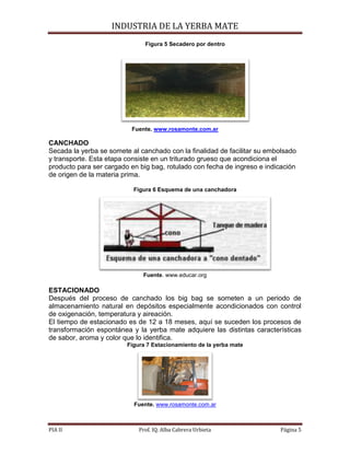 INDUSTRIA DE LA YERBA MATE
PIA II Prof. IQ. Alba Cabrera Urbieta Página 5
Figura 5 Secadero por dentro
Fuente. www.rosamonte.com.ar
CANCHADO
Secada la yerba se somete al canchado con la finalidad de facilitar su embolsado
y transporte. Esta etapa consiste en un triturado grueso que acondiciona el
producto para ser cargado en big bag, rotulado con fecha de ingreso e indicación
de origen de la materia prima.
Figura 6 Esquema de una canchadora
Fuente. www.educar.org
ESTACIONADO
Después del proceso de canchado los big bag se someten a un periodo de
almacenamiento natural en depósitos especialmente acondicionados con control
de oxigenación, temperatura y aireación.
El tiempo de estacionado es de 12 a 18 meses, aquí se suceden los procesos de
transformación espontánea y la yerba mate adquiere las distintas características
de sabor, aroma y color que lo identifica.
Figura 7 Estacionamiento de la yerba mate
Fuente. www.rosamonte.com.ar
 