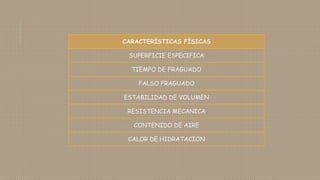 CARACTERÌSTICAS FÌSICAS
SUPERFICIE ESPECIFICA
TIEMPO DE FRAGUADO
FALSO FRAGUADO
ESTABILIDAD DE VOLUMEN
RESISTENCIA MECANICA
CONTENIDO DE AIRE
CALOR DE HIDRATACION
 