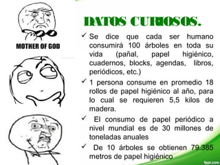 DATOS CURIOSOS.
 Se dice que cada ser humano
consumirá 100 árboles en toda su
vida (pañal, papel higiénico,
cuadernos, blocks, agendas, libros,
periódicos, etc.)
 1 persona consume en promedio 18
rollos de papel higiénico al año, para
lo cual se requieren 5,5 kilos de
madera.
 El consumo de papel periódico a
nivel mundial es de 30 millones de
toneladas anuales
 De 10 árboles se obtienen 79.385
metros de papel higiénico
 