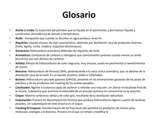 Glosario
• Aceite o crudo: Es la porción del petróleo que es líquida en el yacimiento, y permanece líquida a
condiciones atmosféricas de presión y temperatura.
• Ácido : Compuesto que cuando se disuelve en agua produce iones H+.
• Alquitrán: Líquido viscoso, de olor característico, obtenido por destilación seca de productos diversos
(hulla, lignito, turba, madera, esquistos bituminosos).
• Antraceno: Hidrocarburo aromático obtenido del alquitrán de hulla.
• Aromáticos: Compuesto de carbono e hidrógeno que comúnmente contiene cuando menos un anillo
bencénico con seis átomos de carbono.
• Asfalto: Mezcla de hidrocarburos de color negruzco, muy viscosa, usada en pavimentos y revestimientos
de muros.
• Benceno: Hidrocarburo de fórmula C6H6, perteneciente a la seria cíclica aromática, que se obtiene de la
destilación seca de la hulla. Es un líquido incoloro, volátil e inflamable.
• Butano: Hidrocarburo saturado gaseoso (C4H10), presente en las emanaciones gaseosas de los pozos de
petróleo y de los productos del cracking de los aceites pesados.
• Catalizador: Agente o sustancia capaz de acelerar o retardar una reacción, sin alterar el resultado final de
la misma. Substancia que aumenta la velocidad de un proceso químico sin consumirse en la reacción.
• Coque: Materia carbonosa sólida y de color gris, resultante de la destilación delcarbón.
• Coquización: Proceso de descomposición térmica que produce hidrocarburos ligeros a partir de residuos
pesados. Un subproducto de este proceso es el coque.
• Cracking O Craqueo: Transformación de las fracciones del petróleo en productos de menor peso
molecular, análogos a la bencina. Proceso en el que se rompe y modifica la
 