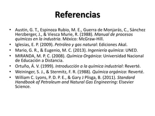 Referencias
• Austin, G. T., Espinoza Rubio, M. E., Guerra de Monjarás, C., Sánchez
Herzberger, J., & Viesca Murie, R. (1988). Manual de procesos
químicos en la industria. México: McGraw-Hill.
• Iglesias, E. P. (2009). Petróleo y gas natural: Ediciones Akal.
• Mario, G. R., & Eugenio, M. C. (2013). Ingeniería química: UNED.
• MIRANDA, M. P. C. (2008). Química Orgánica: Universidad Nacional
de Educación a Distancia.
• Ortuño, Á. V. (1999). Introducción a la química industrial: Reverté.
• Weininger, S. J., & Stermitz, F. R. (1988). Química orgánica: Reverté.
• William C. Lyons, P. D. P. E., & Gary J Plisga, B. (2011). Standard
Handbook of Petroleum and Natural Gas Engineering: Elsevier
Science.
 