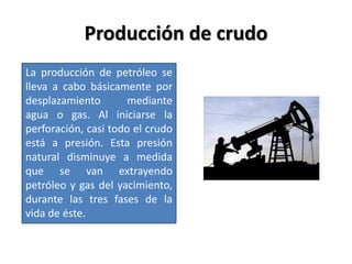 Producción de crudo
La producción de petróleo se
lleva a cabo básicamente por
desplazamiento mediante
agua o gas. Al iniciarse la
perforación, casi todo el crudo
está a presión. Esta presión
natural disminuye a medida
que se van extrayendo
petróleo y gas del yacimiento,
durante las tres fases de la
vida de éste.
 