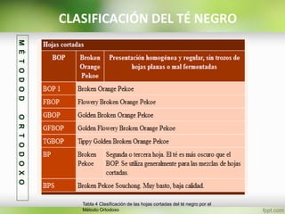 CLASIFICACIÓN DEL TÉ NEGRO
Tabla 4 Clasificación de las hojas cortadas del té negro por el
Método Ortodoxo
MÉTODODORTODOXO
 