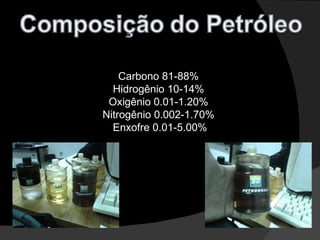 Carbono 81-88%  Hidrogênio 10-14%  Oxigênio 0.01-1.20%  Nitrogênio 0.002-1.70%  Enxofre 0.01-5.00% 