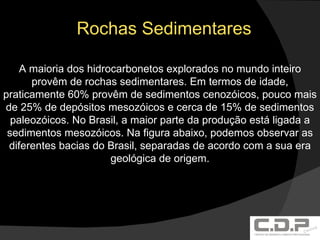 Rochas Sedimentares A maioria dos hidrocarbonetos explorados no mundo inteiro provêm de rochas sedimentares. Em termos de idade, praticamente 60% provêm de sedimentos cenozóicos, pouco mais de 25% de depósitos mesozóicos e cerca de 15% de sedimentos paleozóicos. No Brasil, a maior parte da produção está ligada a sedimentos mesozóicos. Na figura abaixo, podemos observar as diferentes bacias do Brasil, separadas de acordo com a sua era geológica de origem.   