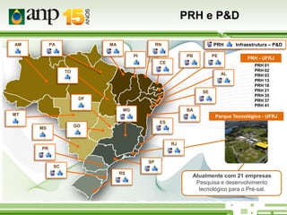 PRH e P&D
AM

PA

MA

*

* *

* *

PRH

RN
PI

* *

*

PB

* *

CE

PE

* *

* *

TO

* *
SE

* *

DF

*
MT

MG

* *
* *

*

*

Parque Tecnológico - UFRJ

ES

GO

MS

PRH 01
PRH 02
PRH 03
PRH 13
PRH 18
PRH 21
PRH 35
PRH 37
PRH 41

BA

* *

*

PRH - UFRJ
AL

*

Infraestrutura – P&D

RJ
PR

* *

* *
SP
SC

* *

RS

* *

* *
Atualmente com 21 empresas
Pesquisa e desenvolvimento
tecnológico para o Pré-sal.

 
