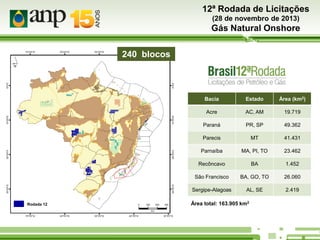 12ª Rodada de Licitações
(28 de novembro de 2013)

Gás Natural Onshore
240 blocks
240 blocos

Bacia

Área (km2)

Acre

AC, AM

19.719

Paraná

PR, SP

49.362

Parecis

MT

41.431

Parnaíba

MA, PI, TO

23.462

Recôncavo

BA

1.452

São Francisco

BA, GO, TO

26.060

Sergipe-Alagoas
Rodada 12

Estado

AL, SE

2.419

Área total: 163.905 km2

 