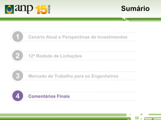 Sumário

1

Cenário Atual e Perspectivas de Investimentos

2

12ª Rodada de Licitações

3

Mercado de Trabalho para os Engenheiros

4

Comentários Finais

 