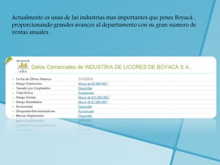 Actualmente es unas de las industrias mas importantes que posee Boyacá ,
proporcionando grandes avances al departamento con su gran numero de
ventas anuales .
 