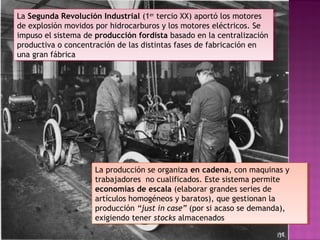 La Segunda Revolución Industrial (1er
tercio XX) aportó los motores
de explosión movidos por hidrocarburos y los motores eléctricos. Se
impuso el sistema de producción fordista basado en la centralización
productiva o concentración de las distintas fases de fabricación en
una gran fábrica
La Segunda Revolución Industrial (1er
tercio XX) aportó los motores
de explosión movidos por hidrocarburos y los motores eléctricos. Se
impuso el sistema de producción fordista basado en la centralización
productiva o concentración de las distintas fases de fabricación en
una gran fábrica
La producción se organiza en cadena, con maquinas y
trabajadores no cualificados. Este sistema permite
economías de escala (elaborar grandes series de
artículos homogéneos y baratos), que gestionan la
producción “just in case” (por si acaso se demanda),
exigiendo tener stocks almacenados
La producción se organiza en cadena, con maquinas y
trabajadores no cualificados. Este sistema permite
economías de escala (elaborar grandes series de
artículos homogéneos y baratos), que gestionan la
producción “just in case” (por si acaso se demanda),
exigiendo tener stocks almacenados
 