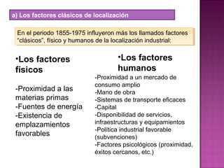 a) Los factores clásicos de localización
En el periodo 1855-1975 influyeron más los llamados factores
“clásicos”, físico y humanos de la localización industrial:
En el periodo 1855-1975 influyeron más los llamados factores
“clásicos”, físico y humanos de la localización industrial:
•Los factores
físicos
-Proximidad a las
materias primas
-Fuentes de energía
-Existencia de
emplazamientos
favorables
•Los factores
humanos
-Proximidad a un mercado de
consumo amplio
-Mano de obra
-Sistemas de transporte eficaces
-Capital
-Disponibilidad de servicios,
infraestructuras y equipamientos
-Política industrial favorable
(subvenciones)
-Factores psicológicos (proximidad,
éxitos cercanos, etc.)
 