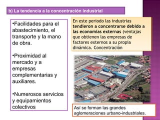 b) La tendencia a la concentración industrial
En este periodo las industrias
tendieron a concentrarse debido a
las economías externas (ventajas
que obtienen las empresas de
factores externos a su propia
dinámica. Concentración
En este periodo las industrias
tendieron a concentrarse debido a
las economías externas (ventajas
que obtienen las empresas de
factores externos a su propia
dinámica. Concentración
•Facilidades para el
abastecimiento, el
transporte y la mano
de obra.
•Proximidad al
mercado y a
empresas
complementarias y
auxiliares.
•Numerosos servicios
y equipamientos
colectivos Así se forman las grandes
aglomeraciones urbano-industriales.
 