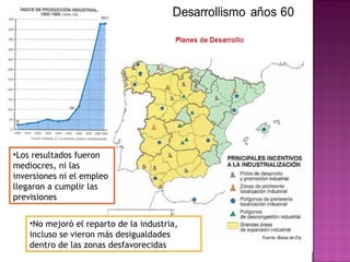 •Los resultados fueron
mediocres, ni las
inversiones ni el empleo
llegaron a cumplir las
previsiones
•No mejoró el reparto de la industria,
incluso se vieron más desigualdades
dentro de las zonas desfavorecidas
 