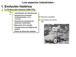 - Los espacios industriales -
1. Evolución histórica
  1.4. El desarrollo industrial (1960-1975)

              ••   Liberalización de importaciones
                    Liberalización de importaciones
        por
              ••   Aumento de la inversión
                    Aumento de la inversión
                   (multinacionales y otros
                    (multinacionales y otros          Expansión capitalista
                   capitales)
                    capitales)                        Crecimiento del nivel de
              ••   Aumento de la demanda de
                    Aumento de la demanda de          vida
                   productos industriales
                    productos industriales
              ••   Bajo precio de la energía
                    Bajo precio de la energía
              •• Transferencias tecnológicas del
                  Transferencias tecnológicas del
                 exterior
                  exterior
              •• Planes de desarrollo estatales
                  Planes de desarrollo estatales
 