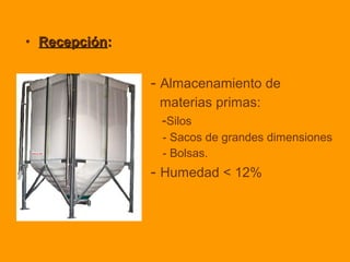 • RecepciónRecepción::
- Almacenamiento de
materias primas:
-Silos
- Sacos de grandes dimensiones
- Bolsas.
- Humedad < 12%
 