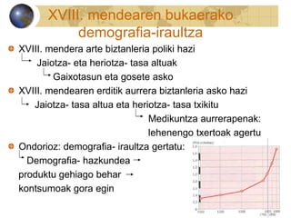 XVIII. mendearen bukaerako
demografia-iraultza
XVIII. mendera arte biztanleria poliki hazi
Jaiotza- eta heriotza- tasa altuak
Gaixotasun eta gosete asko
XVIII. mendearen erditik aurrera biztanleria asko hazi
Jaiotza- tasa altua eta heriotza- tasa txikitu
Medikuntza aurrerapenak:
lehenengo txertoak agertu
Ondorioz: demografia- iraultza gertatu:
Demografia- hazkundea
produktu gehiago behar
kontsumoak gora egin
 