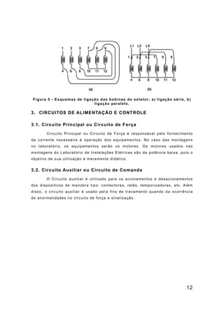 12
Figura 5 - Esquemas de ligação das bobinas do estator; a) ligação série, b)
ligação paralelo.
3. CIRCUITOS DE ALIMENTAÇÃO E CONTROLE
3.1. Circuito Principal ou Circuito de Força
Circuito Principal ou Circuito de Força é responsável pelo fornecimento
da corrente necessária à operação dos equipamentos. No caso das montagens
no laboratório, os equipamentos serão os motores. Os motores usados nas
montagens do Laboratório de Instalações Elétricas são de potência baixa, pois o
objetivo de sua utilização é meramente didático.
3.2. Circuito Auxiliar ou Circuito de Comando
O Circuito auxiliar é utilizado para os acionamentos e desacionamentos
dos dispositivos de manobra tipo: contactores, relés, temporizadores, etc. Além
disso, o circuito auxiliar é usado para fins de travamento quando da ocorrência
de anormalidades no circuito de força e sinalização.
 
