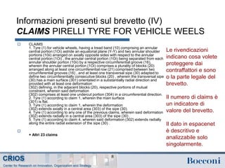 Informazioni presenti sul brevetto (IV)
CLAIMS PIRELLI TYRE FOR VEHICLE WEELS
 CLAIMS
1. Tyre (1) for vehicle wheels, having a tread band (10) comprising an annular
central portion (1Oi) astride an equatorial plane (Y-Y) and two annular shoulder
portions (10ii) arranged on axially opposite sides with respect to the annular
central portion (1Oi) , the annular central portion (1Oi) being separated from each
annular shoulder portion (10ii) by a respective circumferential groove (16),
wherein the annular central portion (1Oi) comprises a plurality of blocks (20)
arranged along at least one circumferential row (21) comprised between two
circumferential grooves (16) , and at least one transversal sipe (30) adapted to
define two circumferentially consecutive blocks (20) , wherein the transversal sipe
(30) has a main surface (301) orientated in a substantially radial direction and
provided with at least one deformation
(302) defining, in the adjacent blocks (20), respective portions of mutual
constraint, wherein said deformation
(302) comprises at least one undercut portion (304) in a circumferential direction.
2. Tyre (1) according to claim 1, wherein the main surface
(301) is flat.
3. Tyre (1) according to claim 1, wherein the deformation
(302) extends axially in a central area (303) of the sipe (30).
4. Tyre (1) according to any one of the previous claims, wherein said deformation
(302) extends radially in a central area (303) of the sipe (30) .
5. Tyre (1) according to claim 4, wherein said deformation (302) extends radially
along the entire radial extension of the sipe (30) .

+ Altri 23 claims
8
Le rivendicazioni
indicano cosa volete
proteggere dai
contraffattori e sono
o la parte legale del
brevetto.
Il numero di claims è
un indicatore di
valore del brevetto.
Il dato in espacenet
è descritivo e
analizzabile solo
singolarmente.
 