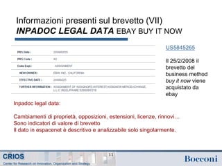 Informazioni presenti sul brevetto (VII)
INPADOC LEGAL DATA EBAY BUY IT NOW
11
Inpadoc legal data:
Cambiamenti di proprietà, opposizioni, estensioni, licenze, rinnovi…
Sono indicatori di valore di brevetto
Il dato in espacenet è descritivo e analizzabile solo singolarmente.
US5845265
Il 25/2/2008 il
brevetto del
business method
buy it now viene
acquistato da
ebay
 