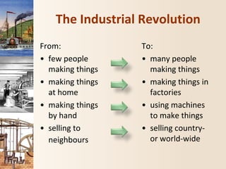 The Industrial Revolution
From:
• few people
making things
• making things
at home
• making things
by hand
• selling to
neighbours
To:
• many people
making things
• making things in
factories
• using machines
to make things
• selling country-
or world-wide
 