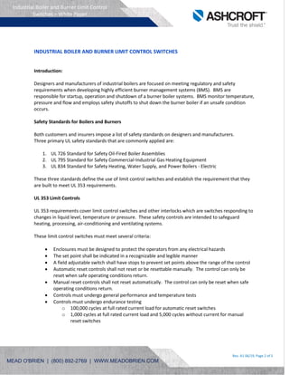 Rev. A1 06/19, Page 2 of 5
Industrial Boiler and Burner Limit Control
Switches – White Paper
INDUSTRIAL BOILER AND BURNER ...