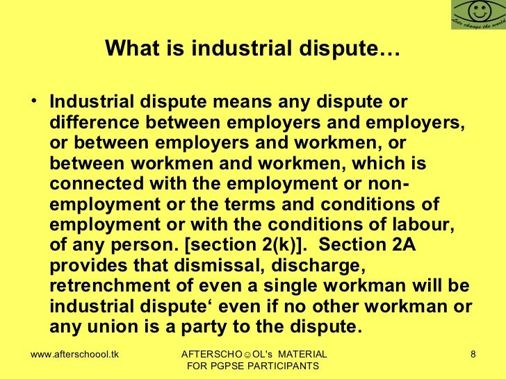industrial dispute act Industrial disputes act, 1947 plays a vital role to sort out the above dispute by conciliation or award it is designed in a way to settle the disputes amicably between employees with the management of industries. industrial dispute act Industrial disputes act, 1947 plays a vital role to sort out the above dispute by conciliation or award it is designed in a way to settle the disputes amicably between employees with the management of industries.