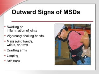 Outward Signs of MSDs Swelling or  inflammation of joints Vigorously shaking hands  Massaging hands,  wrists, or arms Cradling arms Limping  Stiff back 
