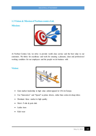 10May 11, 2015
INDUSTRIAL ATTACHMENT
1.3 Vision & Missionof Norban comtex Ltd.
Mission:
At Norban Comtex Ltd, we strive to provide world class service and the best value to our
customers. We thrive for excellence and work for ensuring a pleasant, clean and professional
working condition for our employees and the people we do business with
Vision:
 Gain market leadership in high value added apparel in USA & Europe.
 Use “Innovation” and “Speed” as prime drivers, rather than cotton & cheap labor.
 Dominate these market in high quality
 Men’s T-shit & polo shirt
 Ladies item
 Kids wear
 