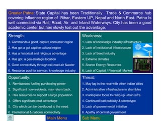 Greater  Patna :  State Capital has been Traditionally  Trade & Commerce hub covering influence region of  Bihar, Eastern UP, Nepal and North East. Patna Is well connected via Rail, Road, Air  and Inland Waterways. City has been a good academic center but has slowly lost out the advantage. Strength:  1. Commands a good  captive consumer region 2. Has got a got captive cultural region 3. Has a historical and religious advantage 4. Has got  a geo-strategic location 5. Good connectivity through rail-road-air &water 6. Resource pool for service / knowledge industry Weakness: 1. Lack of knowledge industry infrastructure 2. Lack of Institutional Infrastructure 3. Lack of Seed Industry 4. Extreme climates 5. Scarce Energy Resources 6. Lack of Capital / Financial  Market Opportunity: 1.  Remittances fuelling purchasing-power 2.  Significant non-residents, may return back. 3.  Has resources to support a large population 4.  Offers significant cost advantage  5.  City which can be developed to the need. 6. International & national connectivity Threat: 1. May lag in the race with other Indian cities 2. Administrative infrastructure in shambles 3. Inadequate focus to ramp up urban infra. 4. Continued bad publicity & stereotype 5. Lack of governmental initiative 6. Apathy of central government Main Menu Sub Menu 