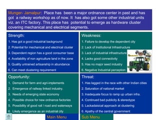 Munger -  Jamalpur :   Place has  been a major ordnance center in past and has got  a railway workshop as of now. It  has also got some other industrial units viz. an ITC factory. This place has  potential to emerge as hardware cluster covering mechanical and electrical segments. Strength:  1. Has got a good industrial background 2. Potential for mechanical and electrical cluster 3. Dependent region has a good consumer base 4. Availability of non agriculture land in the zone 5. Quality untrained artisanship in abundance 6. Can meet clustering requirement Weakness: 1. Failure to develop the dependent city 2. Lack of Institutional Infrastructure 3. Lack of industrial infrastructure  4. Lacks good connectivity 5. Has no major seed industry 6. Negative Industrial perception Opportunity: 1.  Demand for farm and agri-implements 2.  Emergence of railway linked industry. 3.  Needs of emerging state economy 4.  Possible choice for new ordnance factories  5.  Possibility of good rail / road and waterways  6.  Likely emergence as an industrial city Threat: 1. Has lagged in the race with other Indian cities 2. Saturation of national market 3. Inadequate focus to ramp up urban infra. 4. Continued bad publicity & stereotype 5. Lackadaisical approach at clustering 6. Apathy of the central government Main Menu Sub Menu 