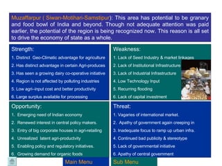 Muzaffarpur  (  Siwan-Motihari-Samstipur ):  This area has potential to be granary and food bowl of India and beyond. Though not adequate attention was paid earlier, the potential of the region is being recognized now. This reason is all set to drive the economy of state as a whole. Strength:  1. Distinct  Geo-Climatic advantage for agriculture 2. Has distinct advantage in certain Agri-produces 3. Has seen a growing dairy co-operative initiative 4. Region is not affected by polluting industries 5. Low agri–input cost and better productivity 6. Large surplus available for processing Weakness: 1. Lack of Seed Industry & market linkages 2. Lack of Institutional Infrastructure 3. Lack of Industrial Infrastructure  4. Low Technology Input 5. Recurring flooding 6. Lack of capital investment Opportunity: 1.  Emerging need of Indian economy 2.  Renewed interest in central policy makers. 3.  Entry of big corporate houses in agri-retailing 4.  Unrealized  latent agri-productvity 5.  Enabling policy and regulatory initiatives. 6.  Growing demand for organic foods Threat: 1. Vagaries of international market. 2.  Apathy of government again creeping in  3. Inadequate focus to ramp up urban infra. 4. Continued bad publicity & stereotype 5. Lack of governmental initiative 6. Apathy of central government Main Menu Sub Menu 
